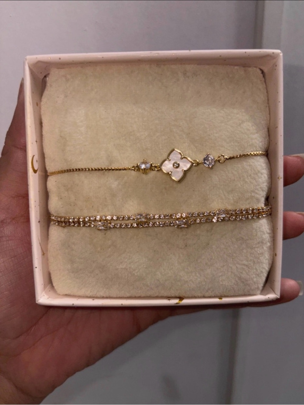 eye candy Gold Bracelet Set with White Enamel Flower & Crystal Strands